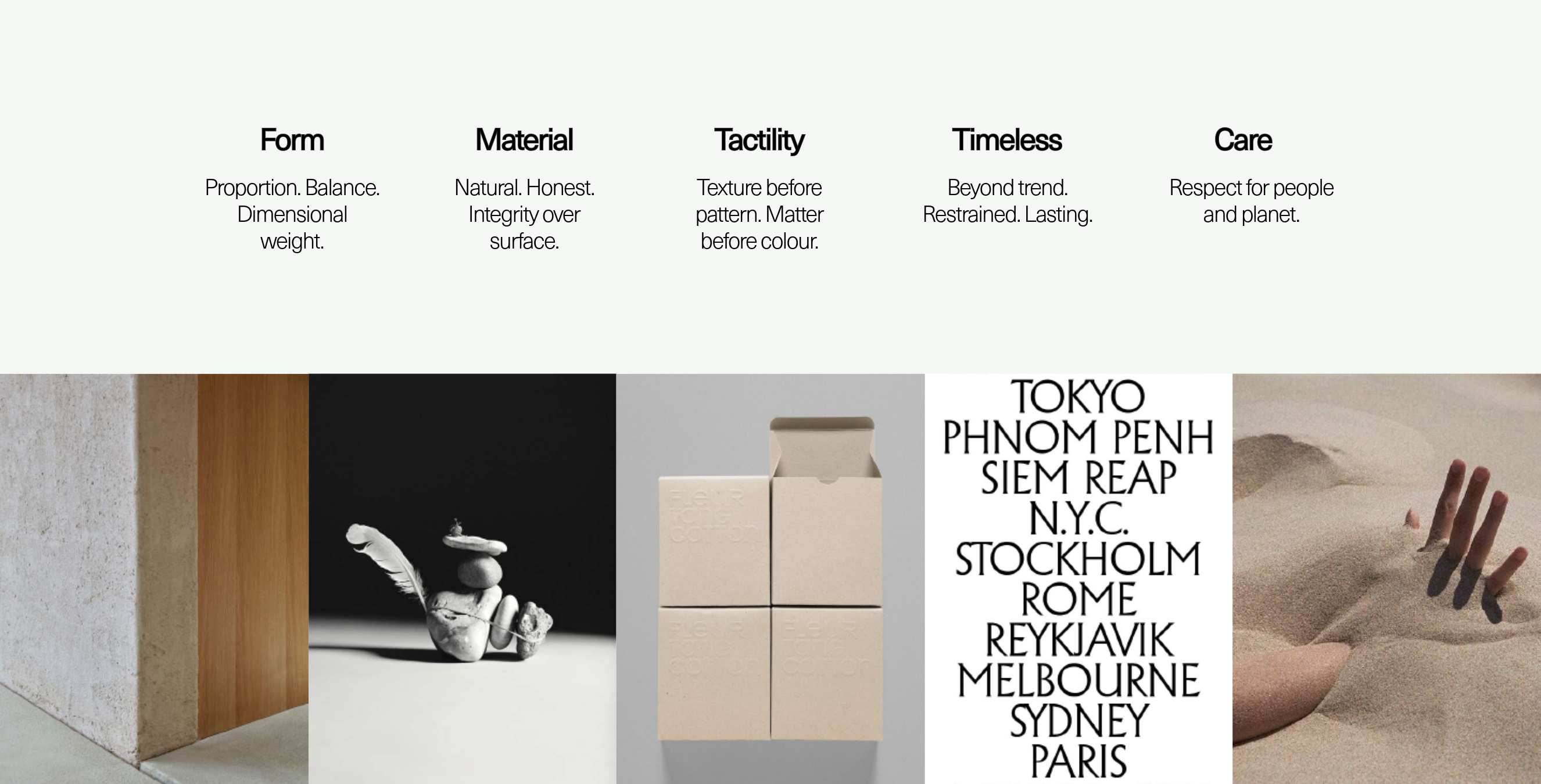 TACCA brand pillars: Brutalism, Form, Tactility, Substance, Timeless, Caring.