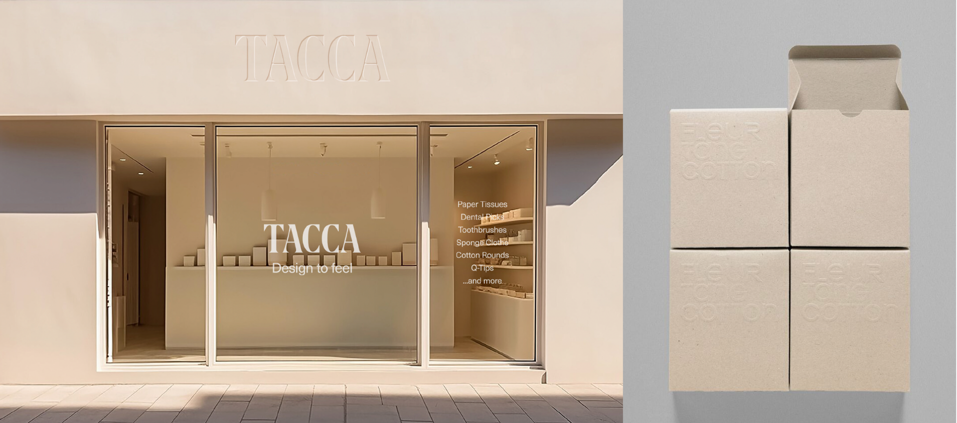 TACCA store and packaging imagery in a minimalist brutalist setting.